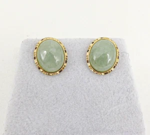 14ct Gold Jade Earrings Green Oval Studs 585 New Butterfly with gift box - Picture 1 of 7