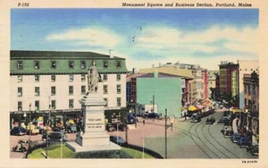 Monument Square & Business Section, Portland Maine  Vintage PC Posted 1950 - Picture 1 of 2