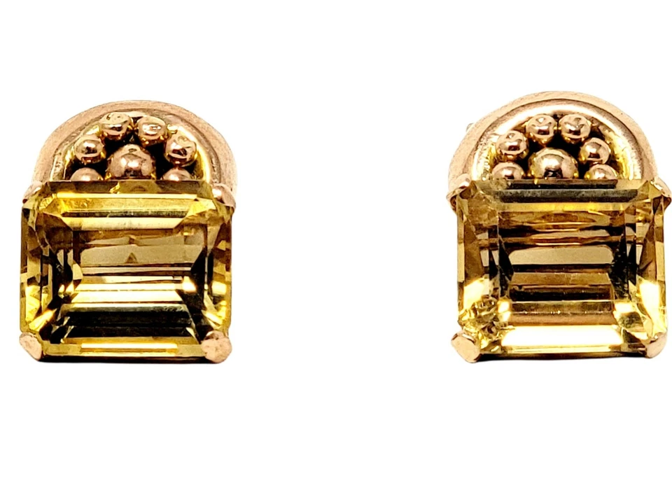 Earrings Citrine 18 KT Rose Gold 11.10 CTW Bead Detail Emerald Cut 5/8" Pierced - Image 1 of 4
