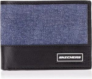 Skechers Portafoglio Uomo Blu Twill Vegan Pelle RFID Portafoglio Trifold - Foto 1 di 6
