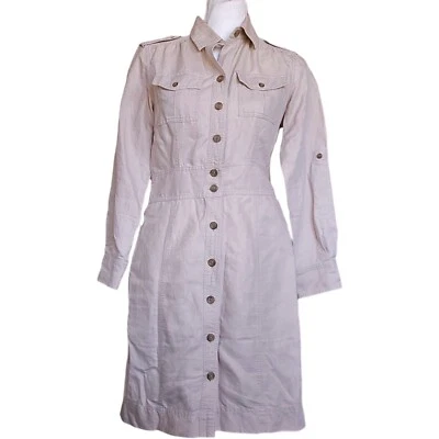 Banana Republic 4 Khaki Utility Shirt Dress Roll Tab Hemp Button Up Safari Khaki - Image 1 of 4
