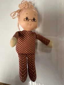 Vintage 5 1/2” Cloth Punchkin Doll Yarn Hair Rag Hong Kong Granny Glasses - Picture 1 of 6