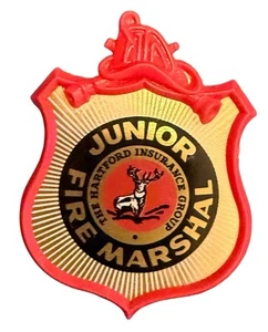 Jr Fire Marshal Toy Badge Hartford Insurance 1964 Stoffel Pinback Red Lapel (P) - Picture 1 of 3