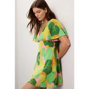 Kate Spade Cucumber Floral Swing Dress Green Pink Mini Crinkle V-Neck Sz 8 - Picture 1 of 17