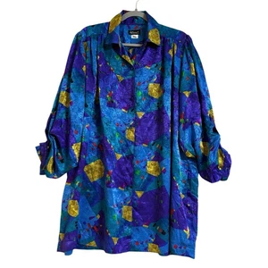 Liz Davenport Tunic Top One Size Blue Long Roll Tab Sleeve Button Up Designer - Foto 1 di 23