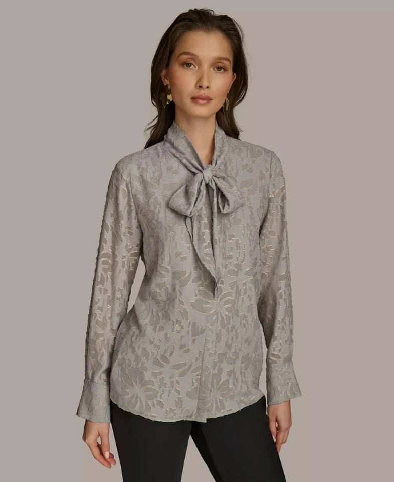 Blusa para mujer Donna Karan New York metálica floral con cuello atado M Arctic Frost Foto 1 de 4