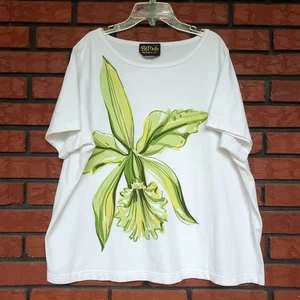 Bob Mackie Wearable Art Kurzarm T-Shirt 2X weiß grün Blumenmuster Blume - Bild 1 von 7
