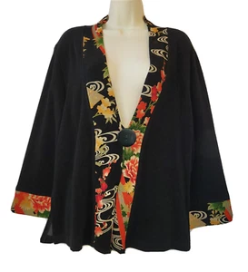Chaqueta Blazer Cárdigan Soft Surroundings M Negra Kimono Borde Floral #24380 Asiática - Imagen 1 de 13