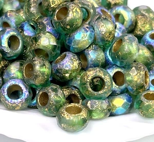 Roller Beads, 9 mm, Green & Sky Blue w/Gold AB Etched Finish, 10 Pieces, 92 - Picture 1 of 4