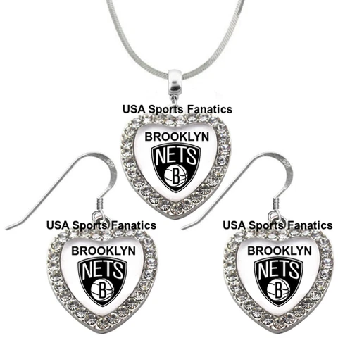 Brooklyn Nets 925 Necklace / Earrings or Set Team Heart With Rhinestones Cover