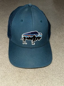 Patagonia Fitz Roy Bison Buffalo Cotton /Mesh Snapback Trucker Hat Cap Blue - Picture 1 of 4