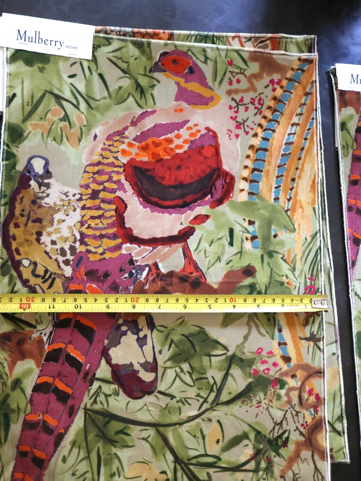 BRAND NEW SAMPLE 13" X 18" Mulberry Home, Game Birds Linen, Pheasants VELVET - Image 1 of 3