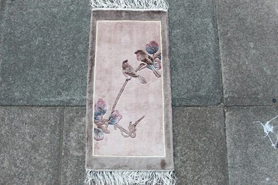 Vintage Silk Rug Hand Made Art Deco Chinese Oriental Grey Pink Small Rug 63x32cm - image 1 of 4