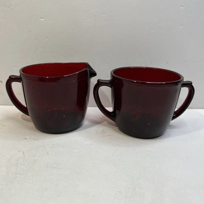 Vintage Anchor Hocking Royal Ruby Red Open Sugar & Creamer Set Glass Christmas - Image 1 of 4