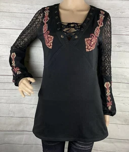 Venus Bohemian Tunic Small Black Lace Sleeves Brown Gold Embroidered Flowers  - Picture 1 of 12