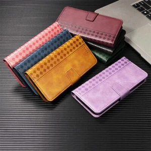 Leather Grid Wallet Cover Case for Motorola G05 G15 G75 G55 G85 G84 E14 G32 G04 - Picture 1 of 19