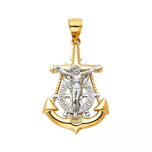 14K Two Tone Gold Jesus Crucifix Anchor Religious Pendant For Necklace or Chain - Picture 1 of 3