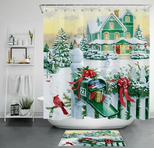 Christmas Mailbox Gifts House Shower Curtain & Hooks Bathroom Accessory Sets - Picture 1 of 14