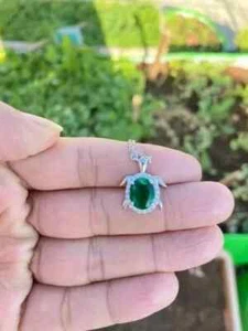2.00Ct Oval Cut Natural Green Emerald Turtle Pendant in 14K White Gold Plated - Picture 1 of 7