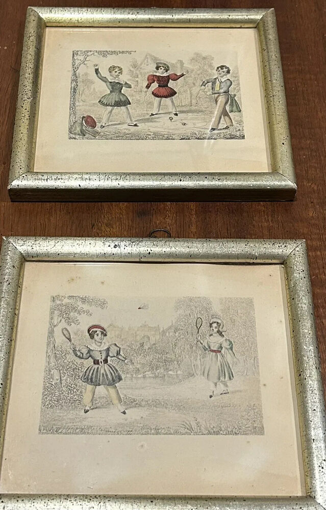 Pair Of Antique Framed Borghese Children’s Lithograph Prints 7” X  8”