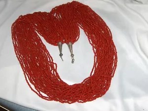 Vintage 30 Strand Red Coral Necklace 31" Torsade Multi-Strand Silver Cones NICE - Picture 1 of 5