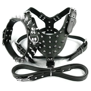 Black Spiked Studded Leather Dog Harness&Collar&Leash SET for Pitbull Mastiff - Picture 1 of 4