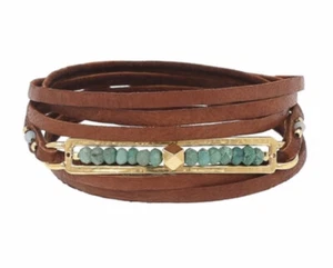 NWT Chan Luu Brown Leather Wrap Bracelet Green Opal Beads - Picture 1 of 8