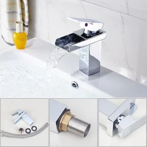 Grifo de baño cromado caño de cascada grifo mezclador de lavabo de un solo orificio y mango - Imagen 1 de 7