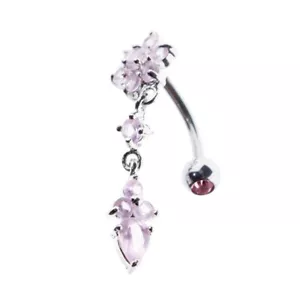 Steel Gem Navel Belly Button Ring Body Piercing w/CZ Dangle-ETR134-PK - Picture 1 of 1