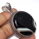 925+Silver+Plated-Banded+Black+Onyx+Ethnic+Vintage+Style+Pendant+Jewelry+2.5%22+JW