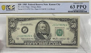 1985 $50 Federal Reserve Note - Kansas City - PCGS Choice Unc 63PPQ, Fr. 2122-J - Picture 1 of 7