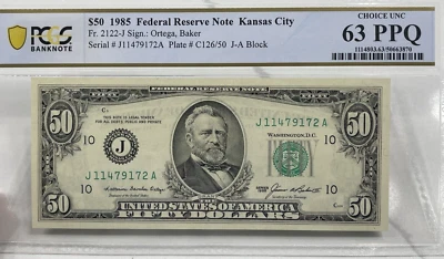 1985 $50 Federal Reserve Note - Kansas City - PCGS Choice Unc 63PPQ, Fr. 2122-J - Image 1 of 4