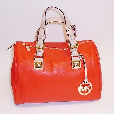 MICHAEL KORS GRAYSON MEDIANO CUERO ROJO MANDARINA, HEBILLAS DORADAS CARTERA, CARTERA, BOLSO Foto 1 de 4
