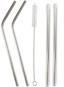 4 Stainless Steel Drinking Straws w/ Cleansing Brush 8.5" L 2 Angled, 2 Staight - Picture 1 of 1