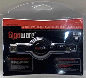 Gigawear 3 Ft. Retractable USB Computer Cable NEW ~ USB Male to Mini USB Male - Picture 1 of 2