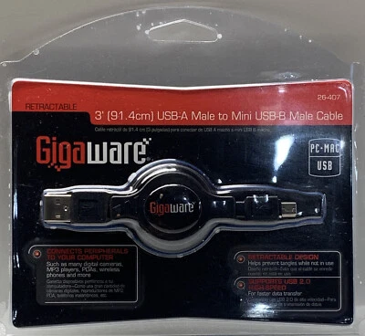 Gigawear 3 Ft. Retractable USB Computer Cable NEW ~ USB Male to Mini USB Male - Image 1 of 2