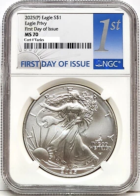 2025 p silver eagle with eagle privy ngc ms70 first day of issue 1st in hand - Image 1 of 4