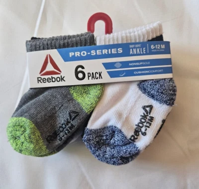 Reebok Baby Series Suela Antideslizante Cojín Cómodo 6 Pares Calcetines Tobilleros 6-12 Meses Foto 1 de 4