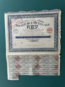 Société de L'Outillage RBV Action 100F - Paris 1927 - Imagen 1 de 1