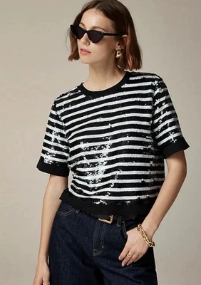 NEW J Crew Womens Sequin Embellished 100% Cotton T-Shirt Top Black White S NWT - Image 1 of 4