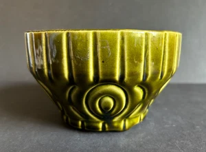 Vintage USA geometrisch moosgrün glasiert rund Keramik Übertopf #477 Mid Century - Bild 1 von 6