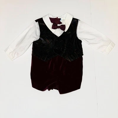 CHALECO MAMELUCO VINTAGE 6/9 MESES BEBÉ NIÑO TERCIOPELO PAJARITA NAVIDAD Foto 1 de 4