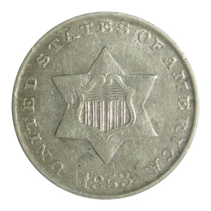 1853 Three Cent Silver Trime VF/XF Cleaned Type Coin - Picture 1 of 2