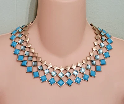 Ожерелье-комбинезон золотистого бирюзового синего цвета с геометрическим узором египетского возрождения ~ 18 дюймов - Изображение 1 из 4