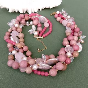 4 Strands Keshi Pearl Necklace Rhodonite Crystal Rose Quartz Torsade Necklace - Picture 1 of 6