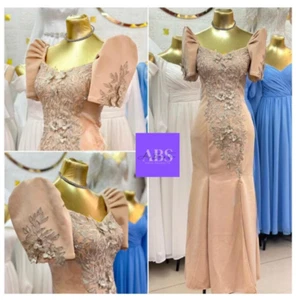 Modern Filipiniana (Beige/Mocha) Long Dress Mestiza Sleeve - Picture 1 of 5