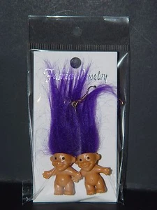Troll Doll 1" Good Luck Lucky Bingo Lottery Purple Pierced Earrings   - Picture 1 of 1