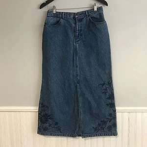 Eddie Bauer Skirt Denim Jean Modest Long Blue 8 Petite Embroidered Slit Cotton - Picture 1 of 9