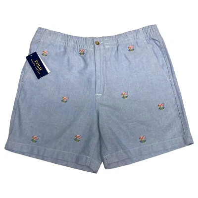 Polo Ralph Lauren Classic Fit 6" Oxford Short Flamingo Embroidery Blue $125 NOLA - Image 1 of 4