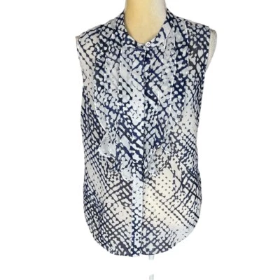 Cabi 5531 Venture Blue White Ruffle Blouse Sleeveless Button Down Large - Image 1 of 4